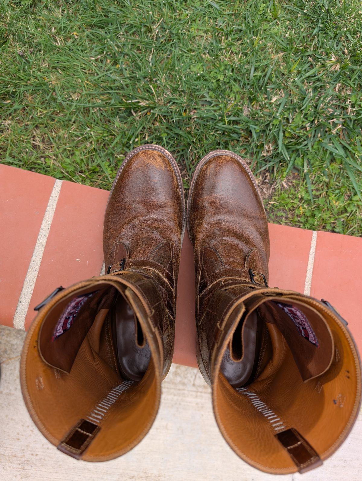 Photo by WeibullFighter on March 3, 2025 of the Eastman Leather Tanker Boots in Horween Havana Burnished Roughout.