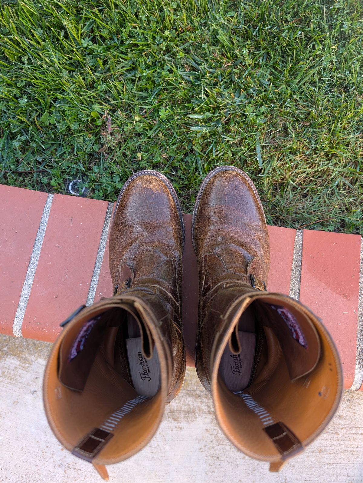Photo by WeibullFighter on April 4, 2025 of the Eastman Leather Tanker Boots in Horween Havana Burnished Roughout.