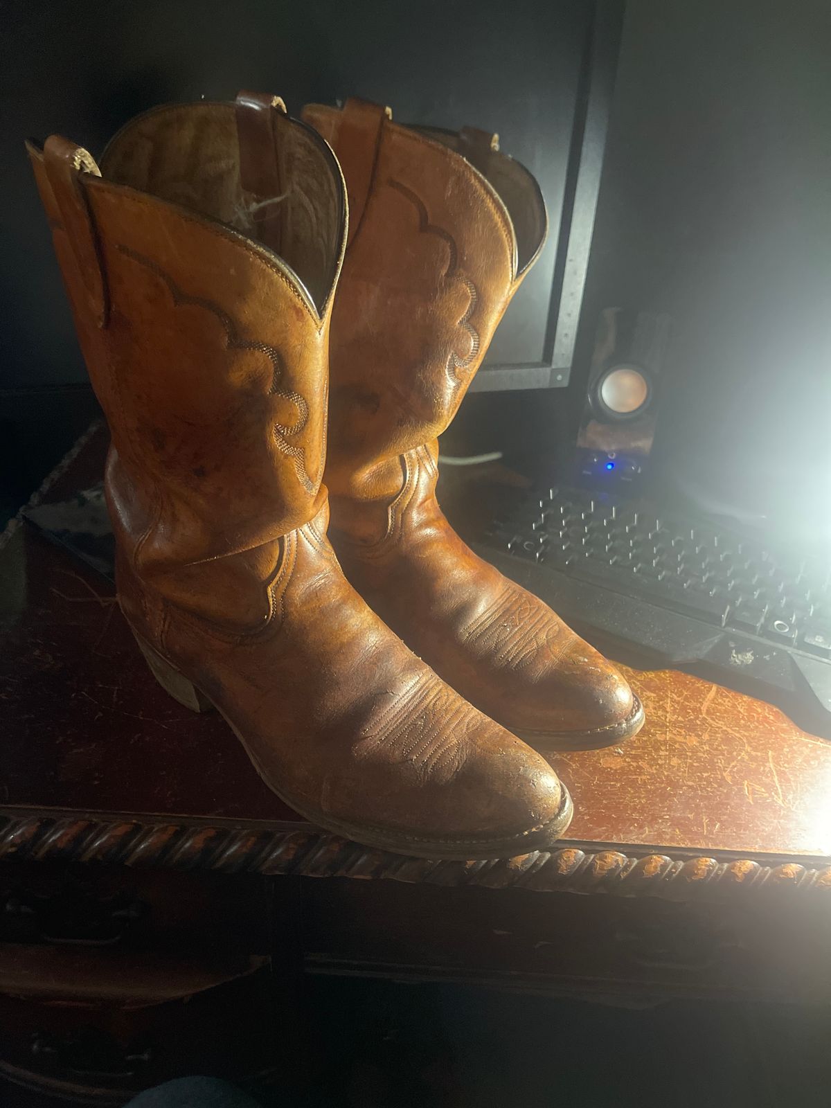 Photo by thebootlover12 on April 22, 2024 of the golden retriever  cowboy boots western in calf leather.