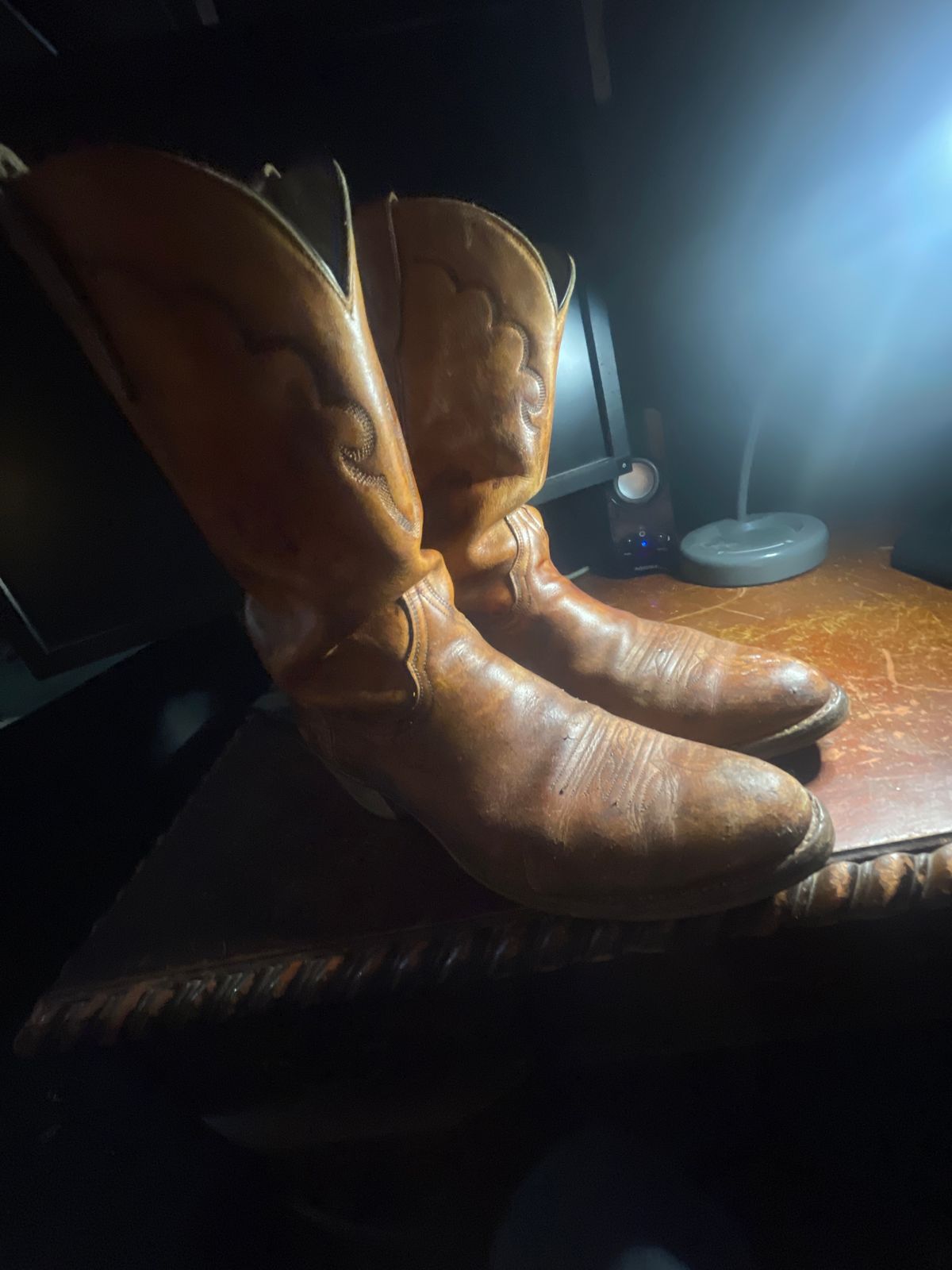 Photo by thebootlover12 on April 22, 2024 of the golden retriever  cowboy boots western in calf leather.