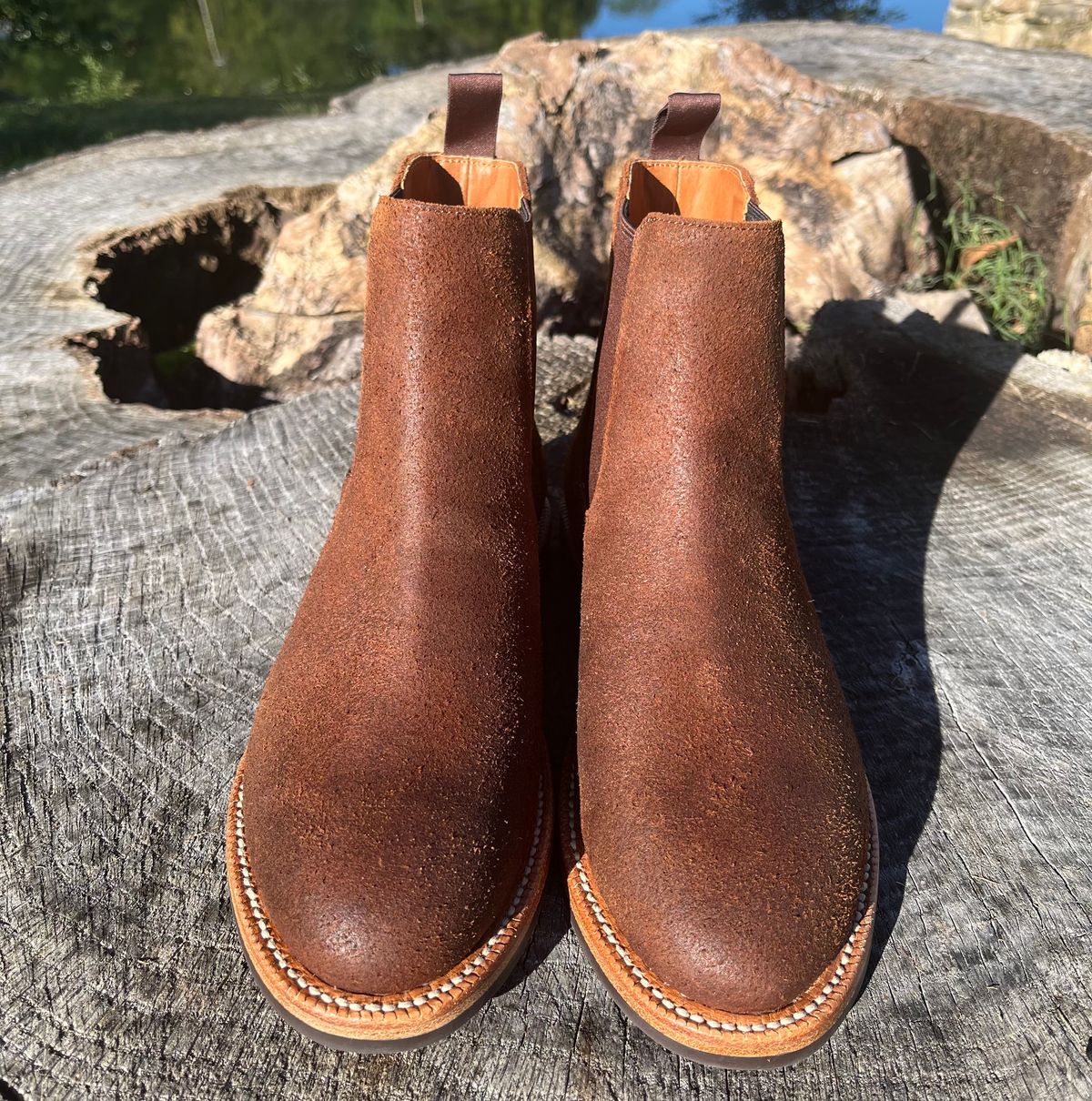 Photo by KCKELLY on October 2, 2024 of the Grant Stone Chelsea Boot in C.F. Stead Dark Oak Roughout.