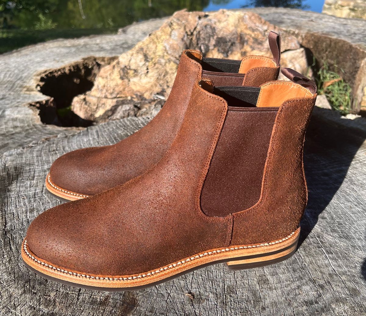 Photo by KCKELLY on October 2, 2024 of the Grant Stone Chelsea Boot in C.F. Stead Dark Oak Roughout.