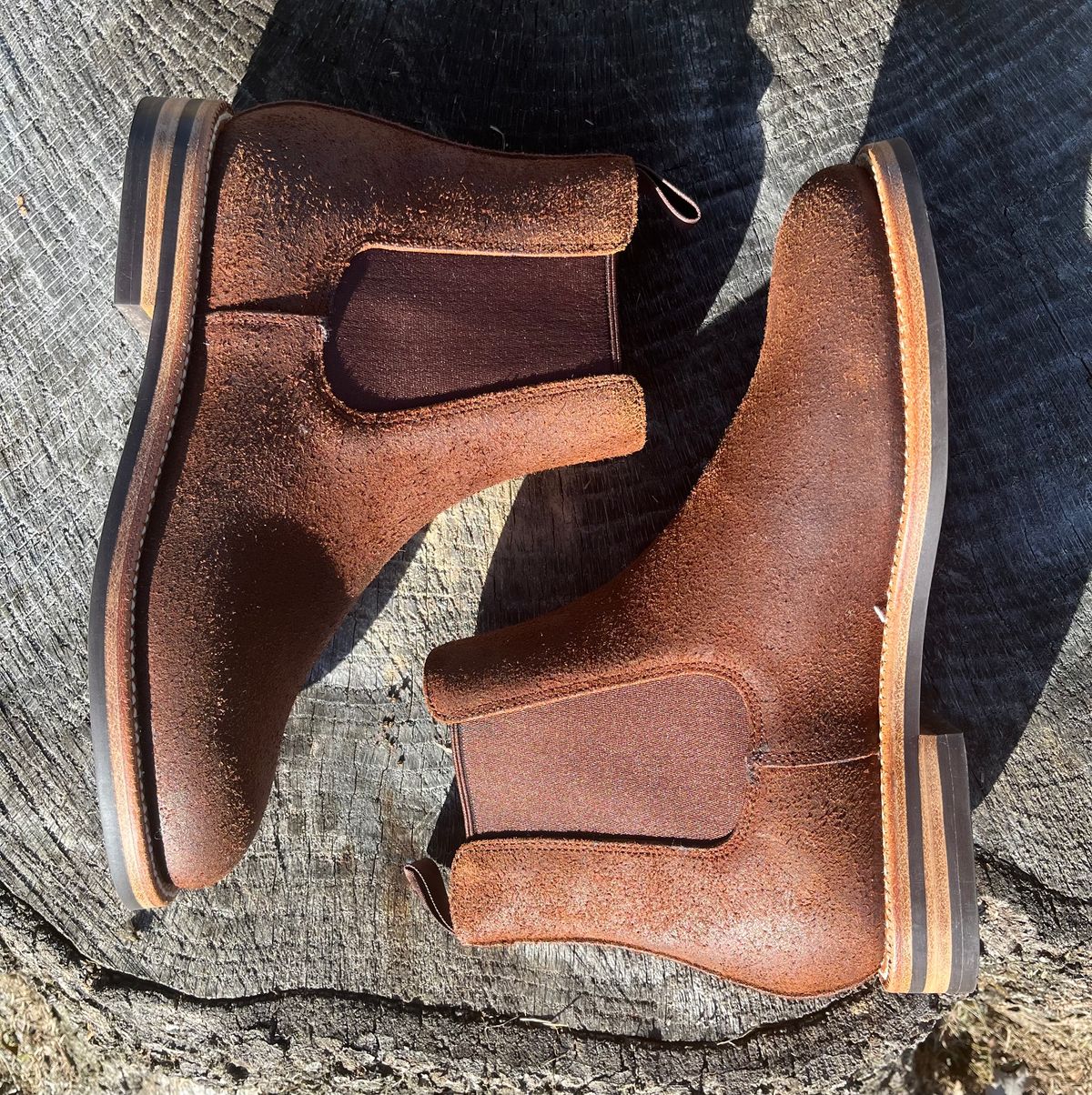 Photo by KCKELLY on October 2, 2024 of the Grant Stone Chelsea Boot in C.F. Stead Dark Oak Roughout.