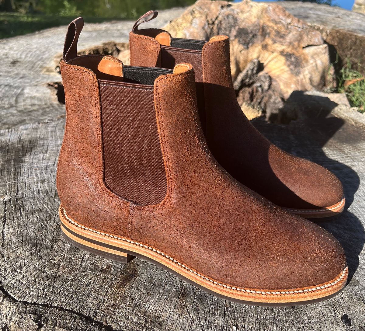 Photo by KCKELLY on October 2, 2024 of the Grant Stone Chelsea Boot in C.F. Stead Dark Oak Roughout.