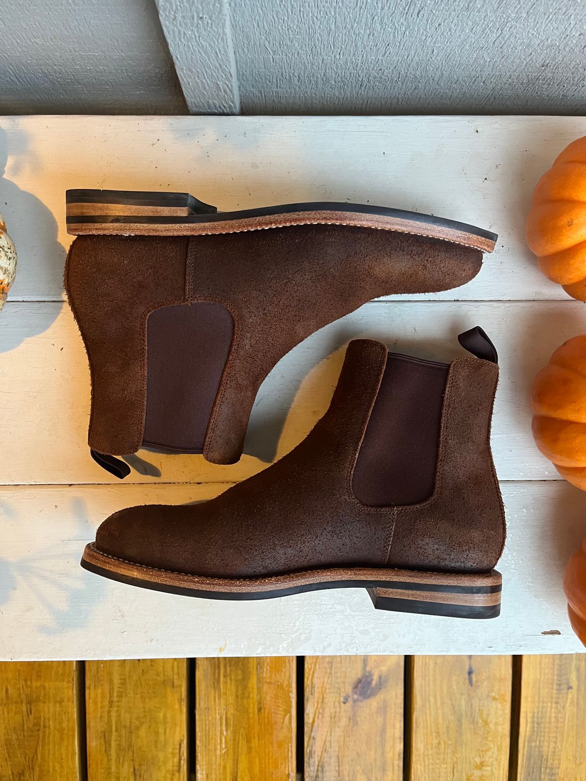 Photo by KCKELLY on November 6, 2024 of the Grant Stone Chelsea Boot in C.F. Stead Dark Oak Roughout.