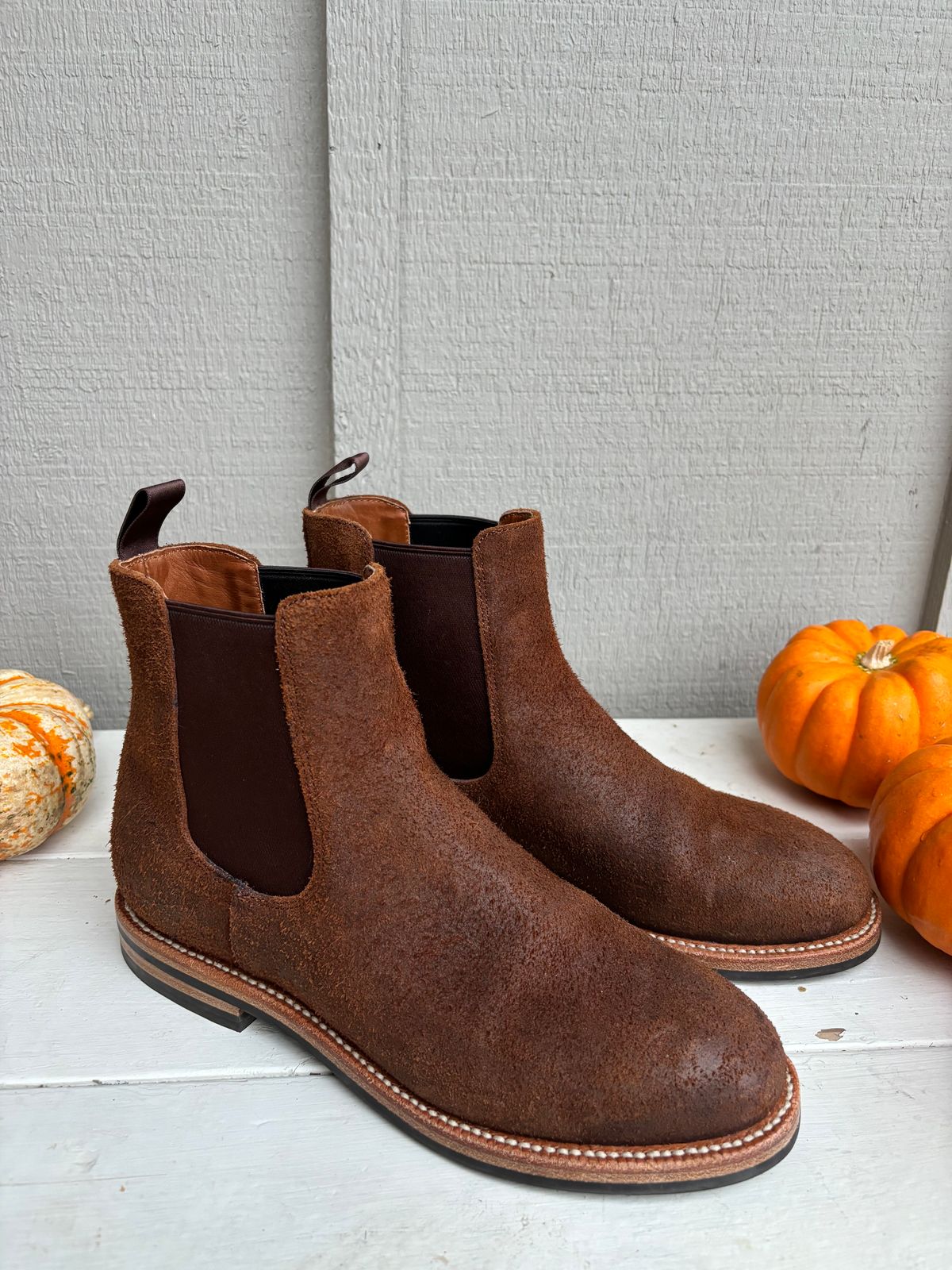 Photo by KCKELLY on November 6, 2024 of the Grant Stone Chelsea Boot in C.F. Stead Dark Oak Roughout.