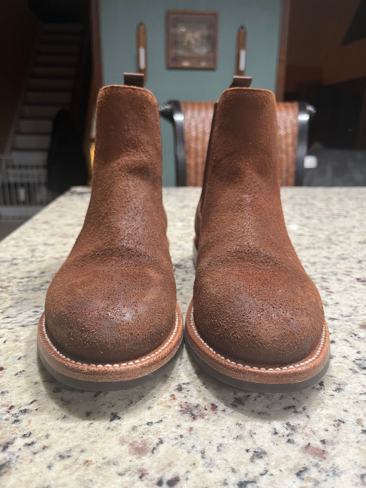 Photo by KCKELLY on December 6, 2024 of the Grant Stone Chelsea Boot in C.F. Stead Dark Oak Roughout.