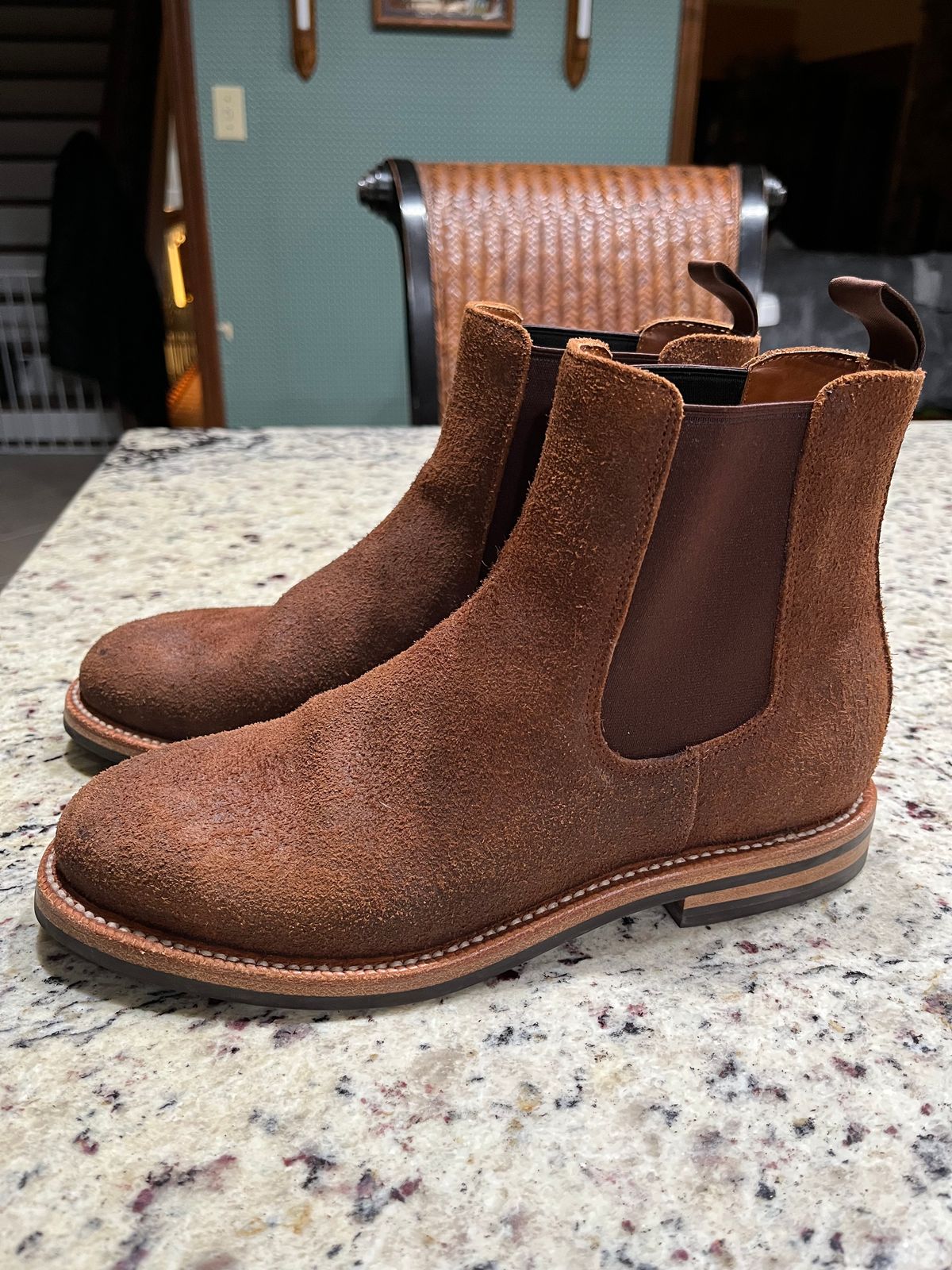 Photo by KCKELLY on December 6, 2024 of the Grant Stone Chelsea Boot in C.F. Stead Dark Oak Roughout.