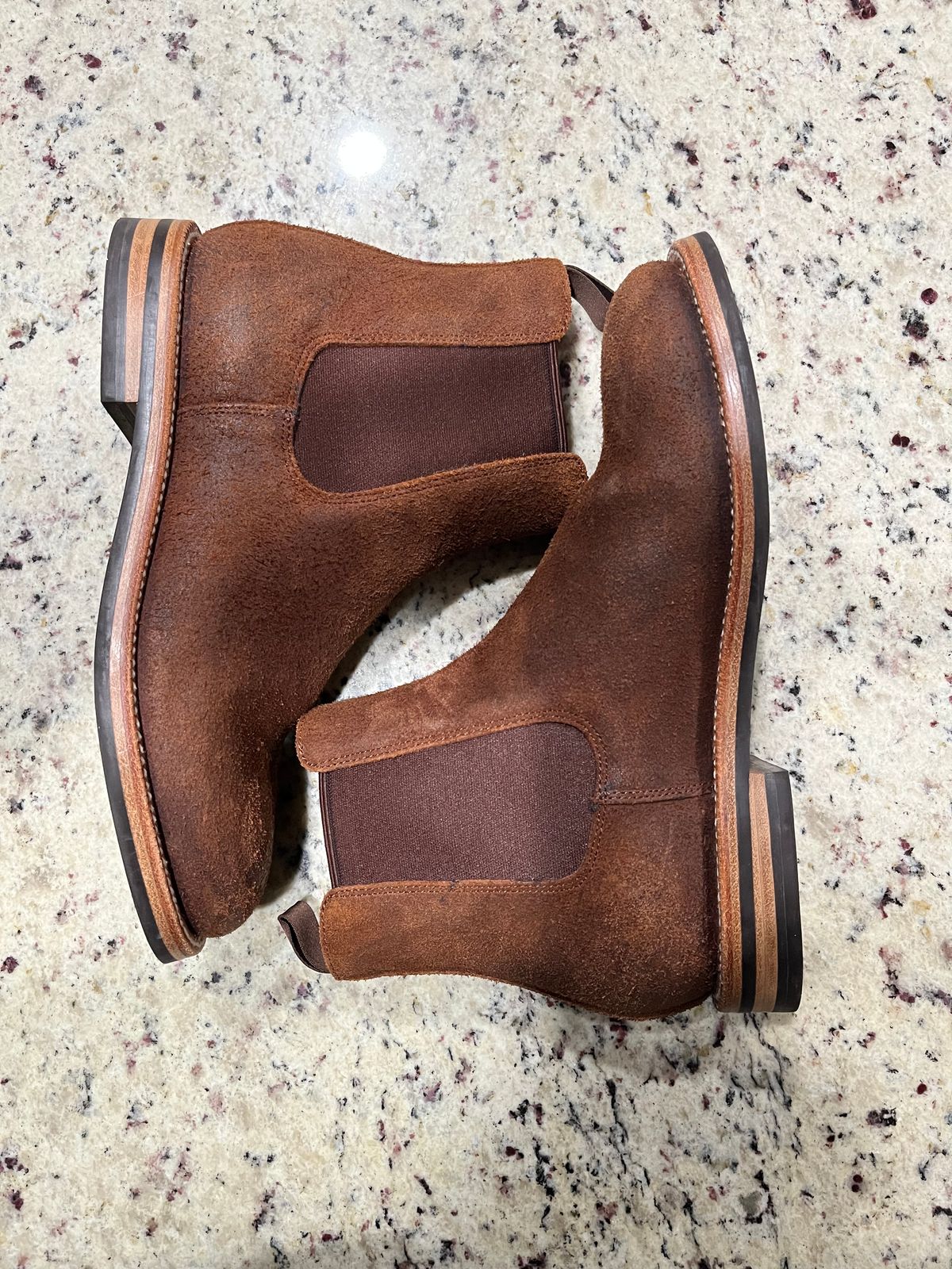 Photo by KCKELLY on December 6, 2024 of the Grant Stone Chelsea Boot in C.F. Stead Dark Oak Roughout.