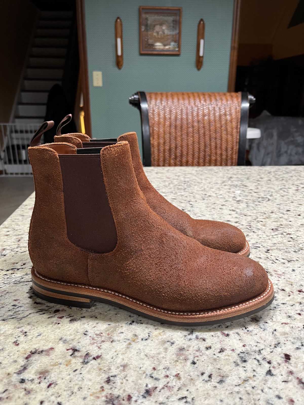 Photo by KCKELLY on December 6, 2024 of the Grant Stone Chelsea Boot in C.F. Stead Dark Oak Roughout.