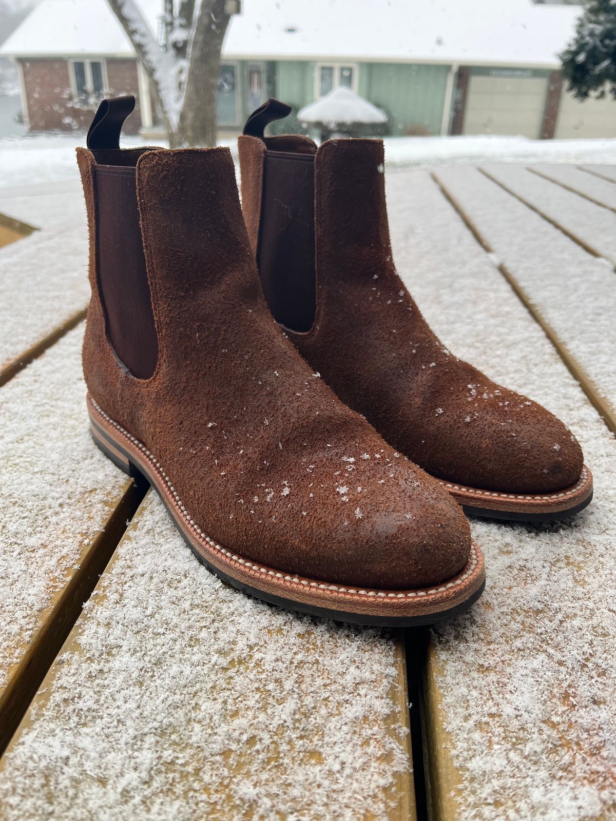 Photo by KCKELLY on January 5, 2025 of the Grant Stone Chelsea Boot in C.F. Stead Dark Oak Roughout.