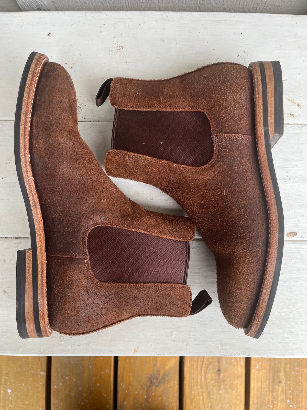 Photo by KCKELLY on January 5, 2025 of the Grant Stone Chelsea Boot in C.F. Stead Dark Oak Roughout.