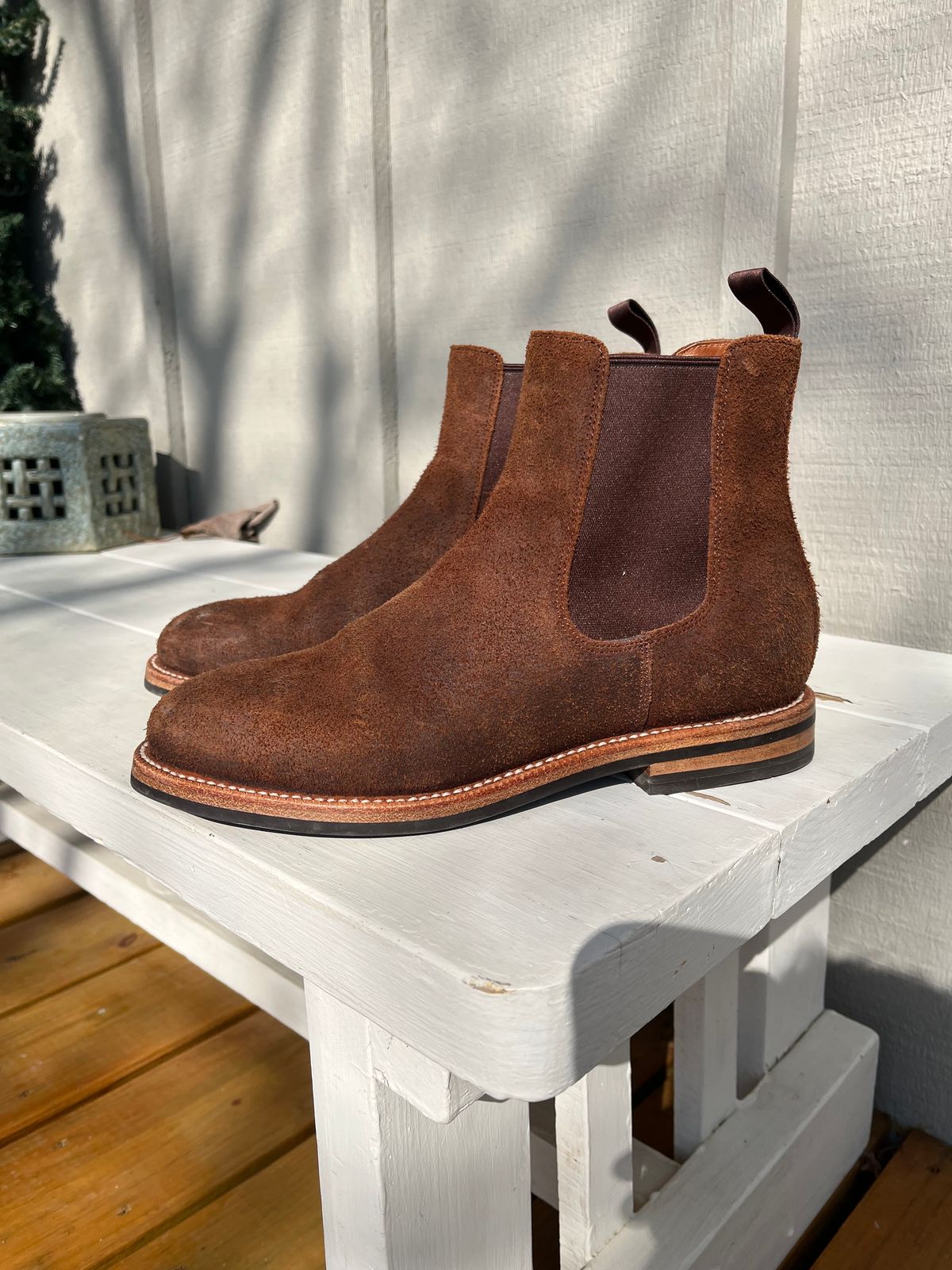 Photo by KCKELLY on February 2, 2025 of the Grant Stone Chelsea Boot in C.F. Stead Dark Oak Roughout.