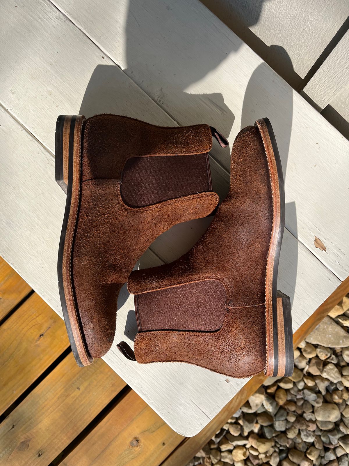 Photo by KCKELLY on February 2, 2025 of the Grant Stone Chelsea Boot in C.F. Stead Dark Oak Roughout.