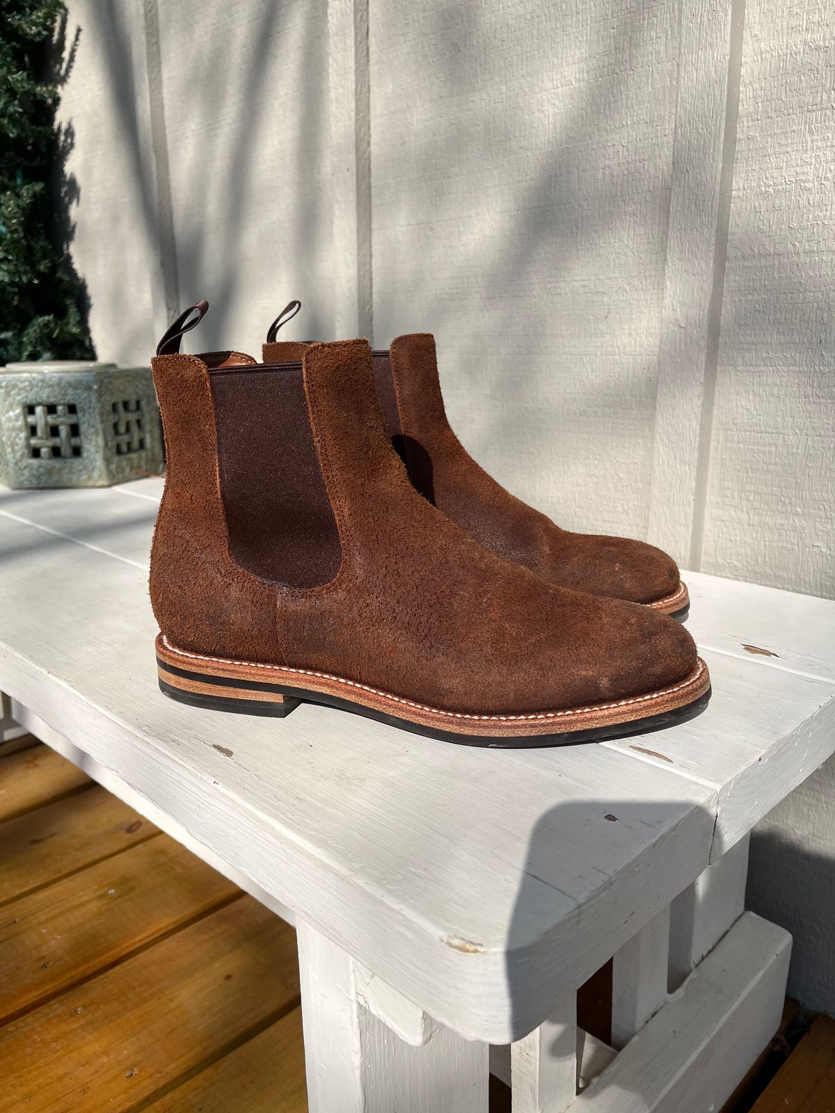 Photo by KCKELLY on February 2, 2025 of the Grant Stone Chelsea Boot in C.F. Stead Dark Oak Roughout.