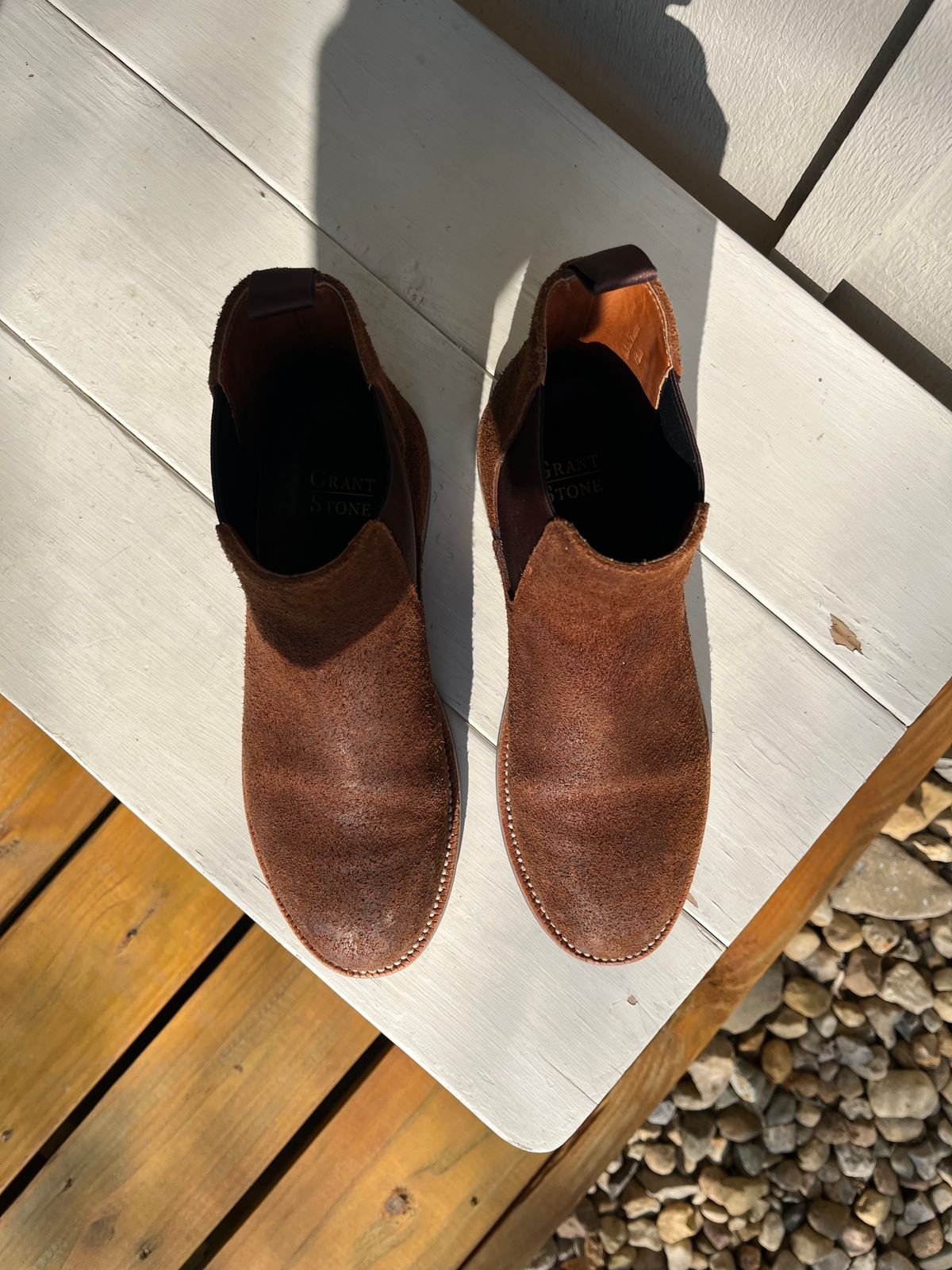 Photo by KCKELLY on February 2, 2025 of the Grant Stone Chelsea Boot in C.F. Stead Dark Oak Roughout.