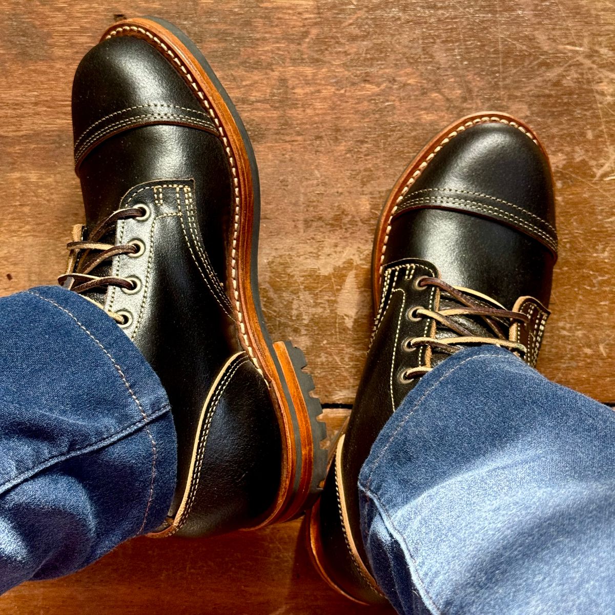 Photo by stinkypatina on May 20, 2026 of the Truman Cap Toe Boot in Horween Black Waxed Flesh.