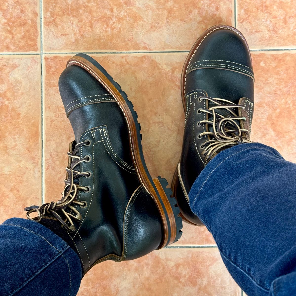 Photo by stinkypatina on May 21, 2026 of the Truman Cap Toe Boot in Horween Black Waxed Flesh.