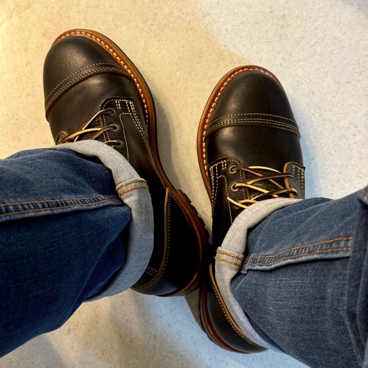 Photo by stinkypatina on June 4, 2026 of the Truman Cap Toe Boot in Horween Black Waxed Flesh.