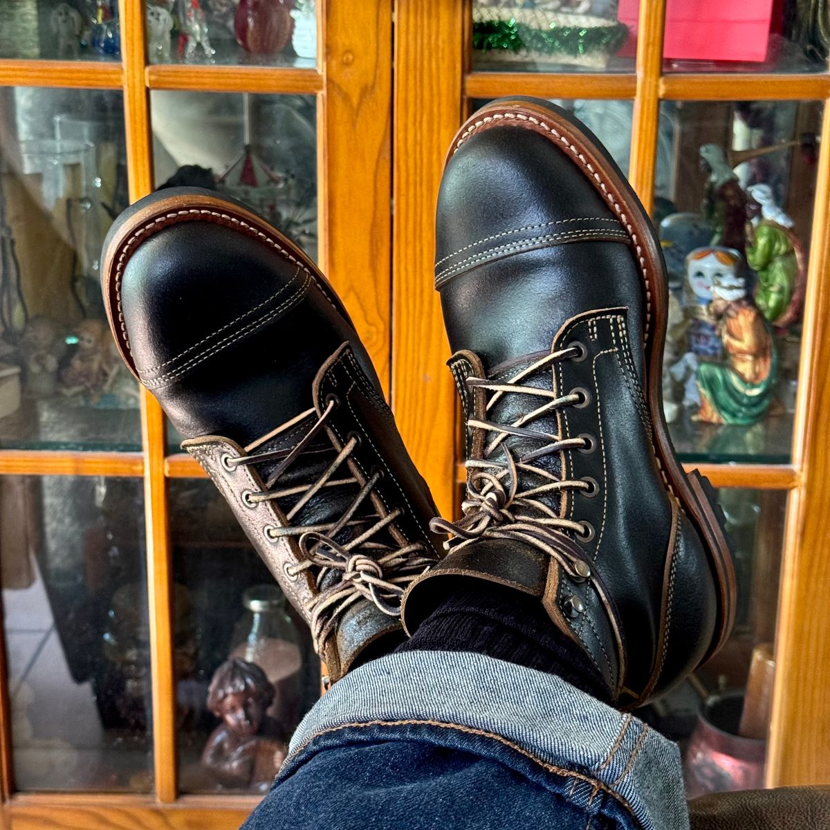 Photo by stinkypatina on June 7, 2026 of the Truman Cap Toe Boot in Horween Black Waxed Flesh.