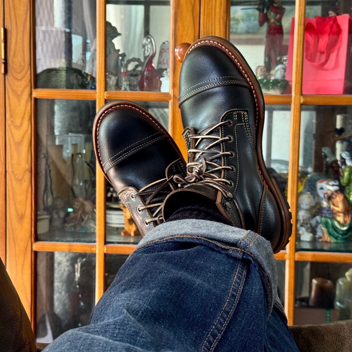Photo by stinkypatina on June 7, 2026 of the Truman Cap Toe Boot in Horween Black Waxed Flesh.