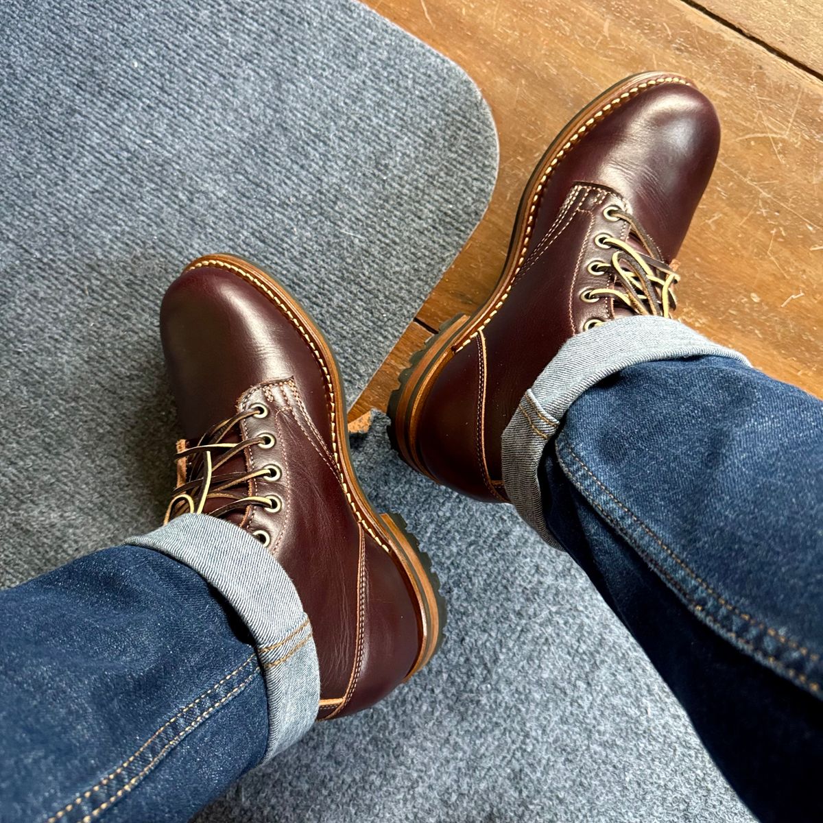 Photo by stinkypatina on October 31, 2025 of the Truman Plain Toe Boot in Seidel Oxblood Double Shot.