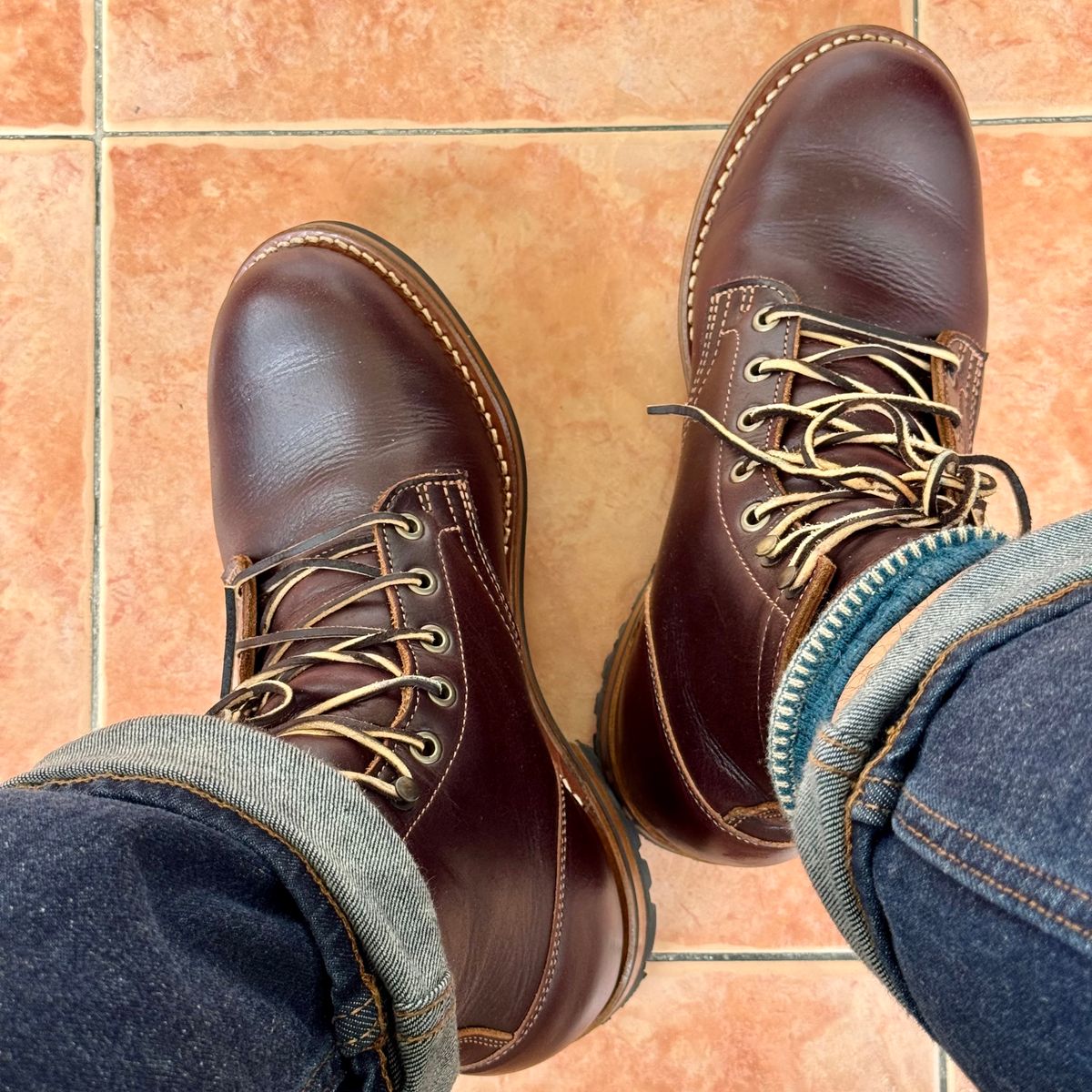 Photo by stinkypatina on December 6, 2025 of the Truman Plain Toe Boot in Seidel Oxblood Double Shot.