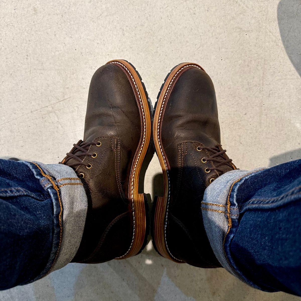 Photo by stinkypatina on May 11, 2026 of the Caswell Boot Company Lisbon in C.F. Stead Stone Rambler.