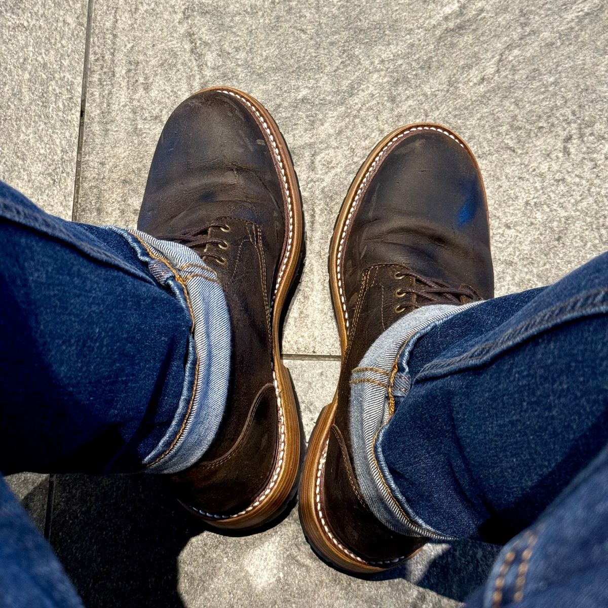 Photo by stinkypatina on May 11, 2026 of the Caswell Boot Company Lisbon in C.F. Stead Stone Rambler.