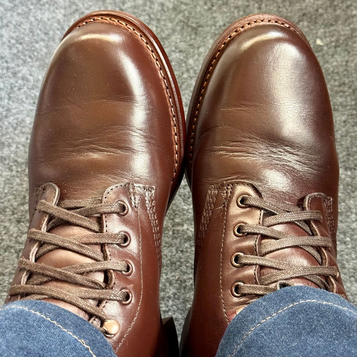 Photo by stinkypatina on August 6, 2025 of the Wolverine 1000 Mile Plain-Toe Boot in Horween Brown Chromexcel.