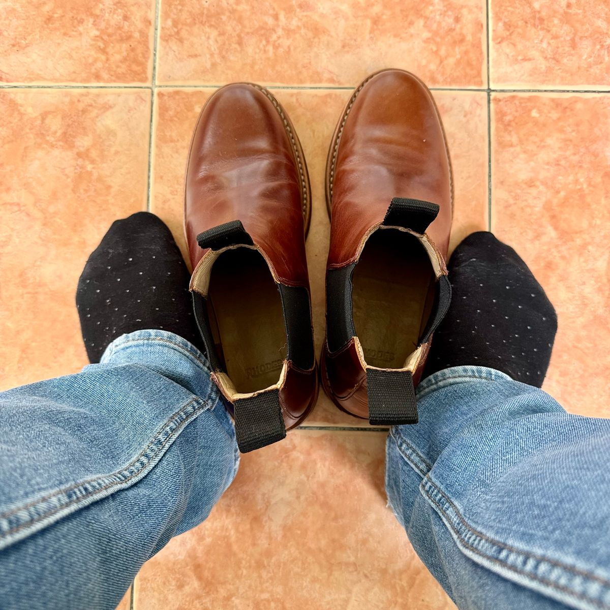 Photo by stinkypatina on August 13, 2025 of the Huckberry Rhodes Cooper Chelsea in Amarello Calf Leather.