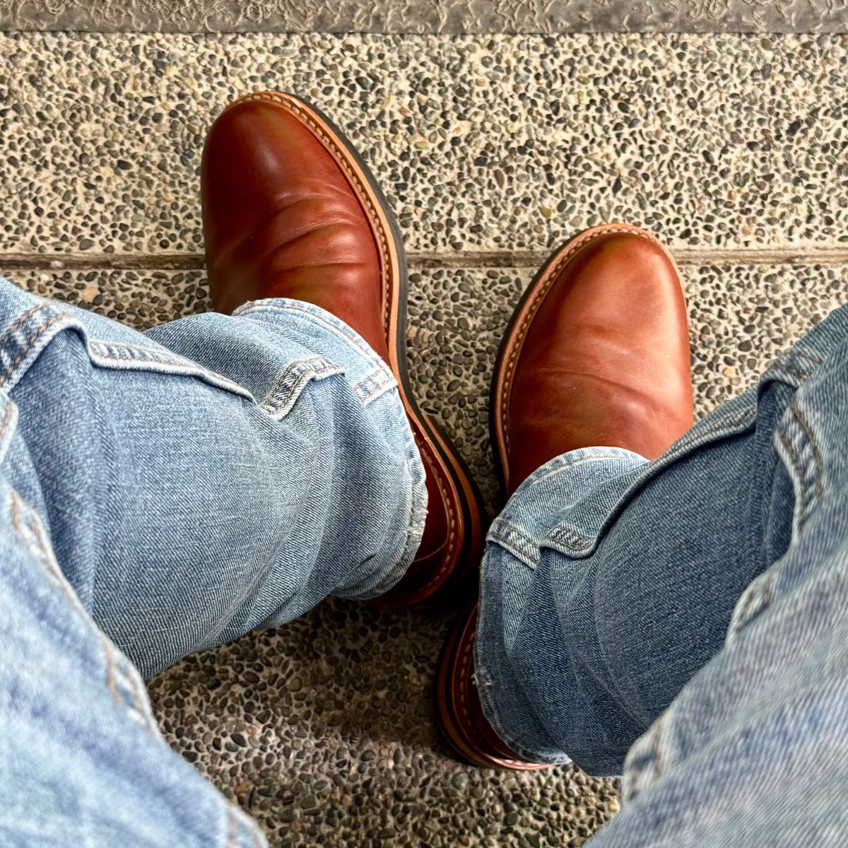 Photo by stinkypatina on August 13, 2025 of the Huckberry Rhodes Cooper Chelsea in Amarello Calf Leather.