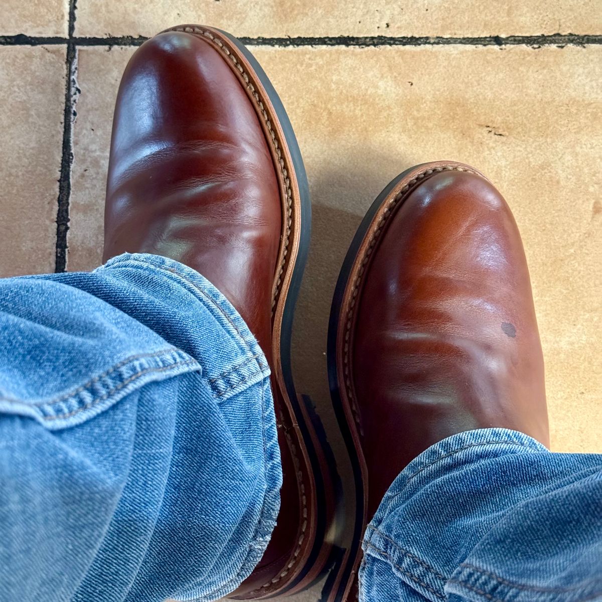Photo by stinkypatina on August 13, 2025 of the Huckberry Rhodes Cooper Chelsea in Amarello Calf Leather.