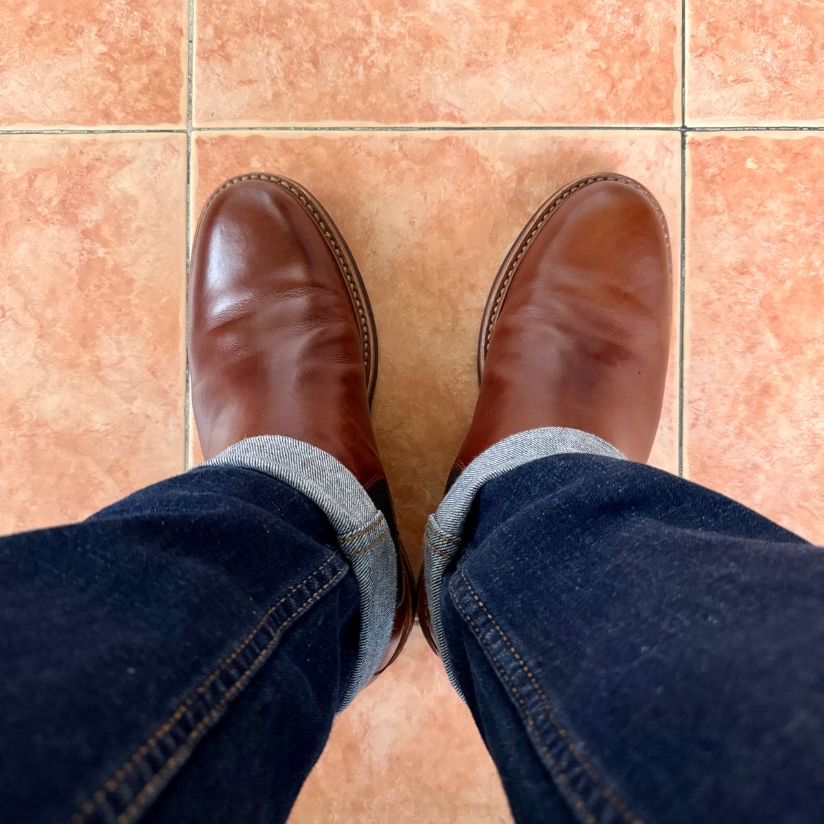 Photo by stinkypatina on September 12, 2025 of the Huckberry Rhodes Cooper Chelsea in Amarello Calf Leather.