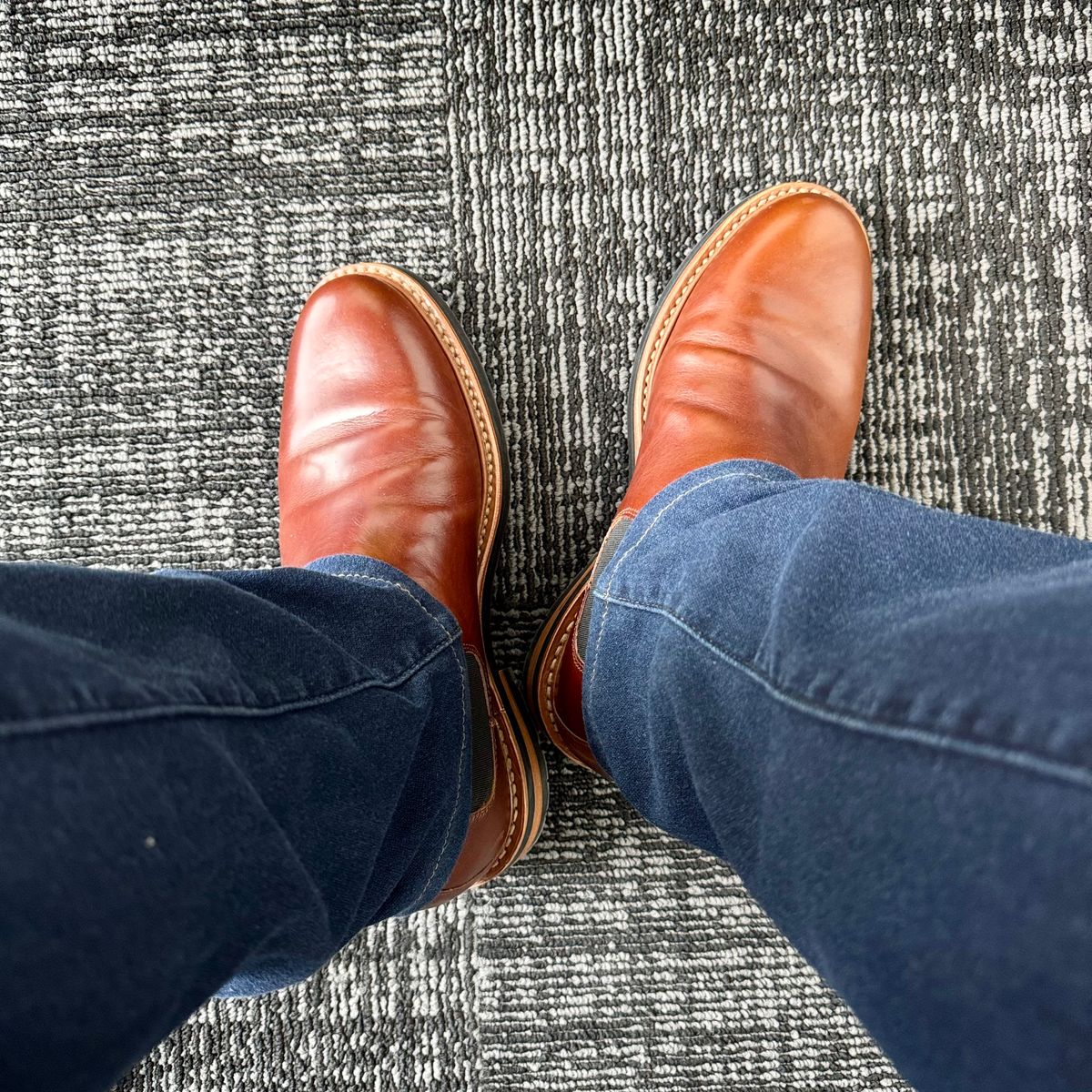 Photo by stinkypatina on October 24, 2025 of the Huckberry Rhodes Cooper Chelsea in Amarello Calf Leather.