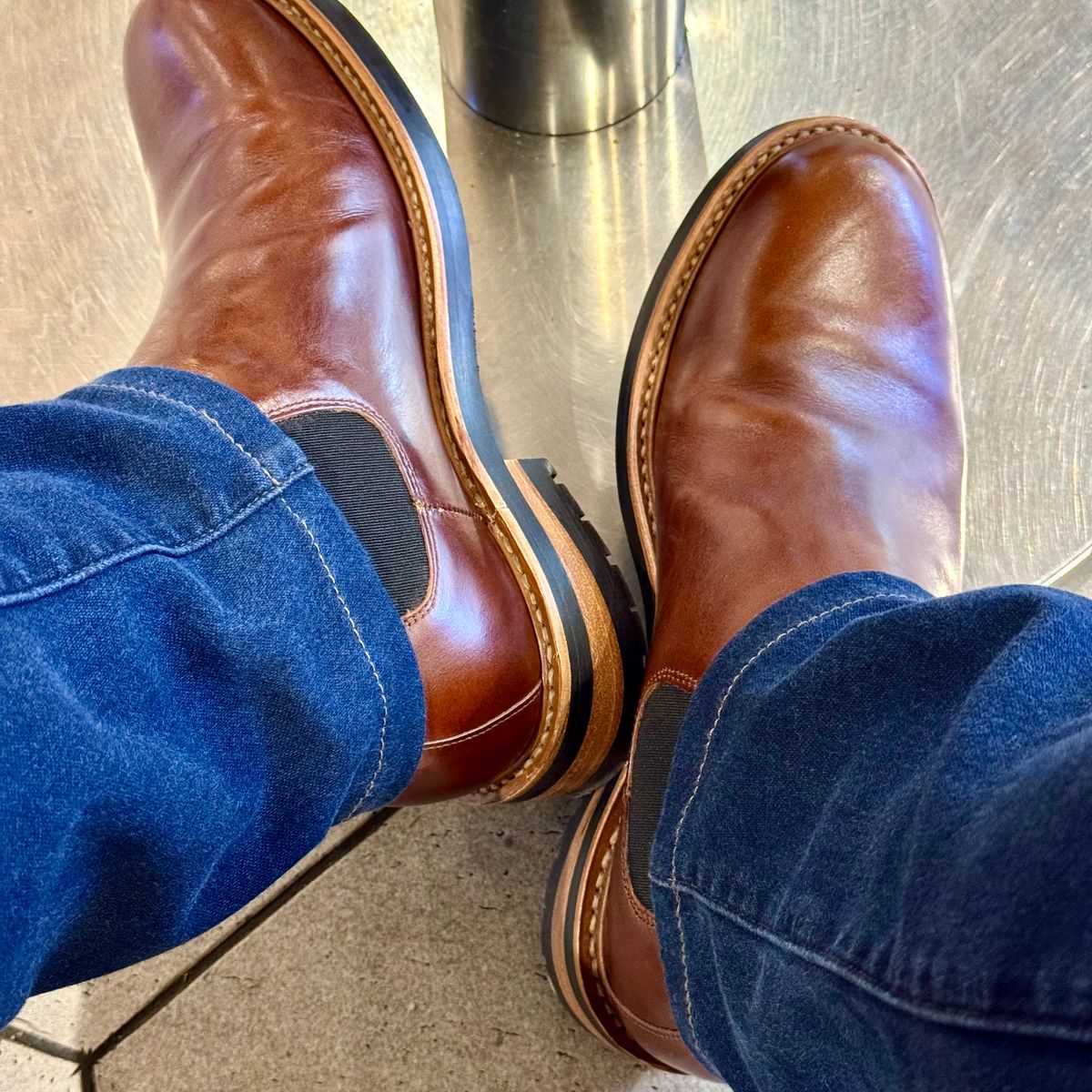 Photo by stinkypatina on August 1, 2025 of the Huckberry Rhodes Cooper Chelsea in Amarello Calf Leather.