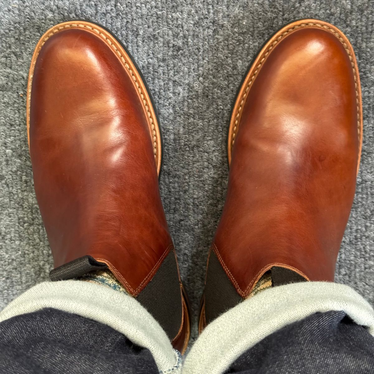 Photo by stinkypatina on July 31, 2025 of the Huckberry Rhodes Cooper Chelsea in Amarello Calf Leather.