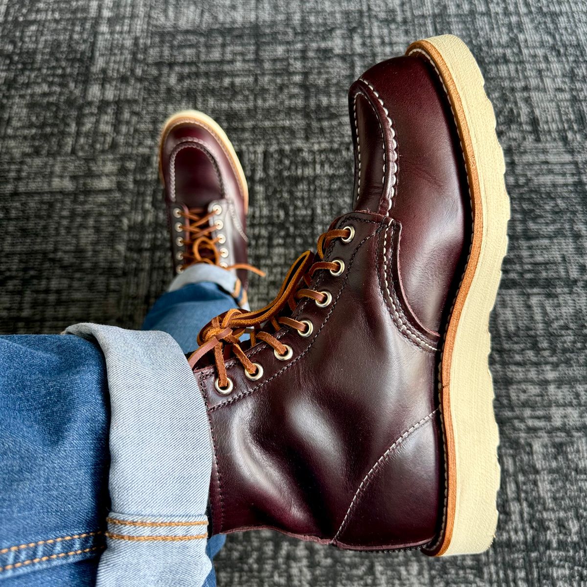 Photo by stinkypatina on May 22, 2026 of the Red Wing 6-Inch Classic Moc in S.B. Foot Black Cherry Excalibur.