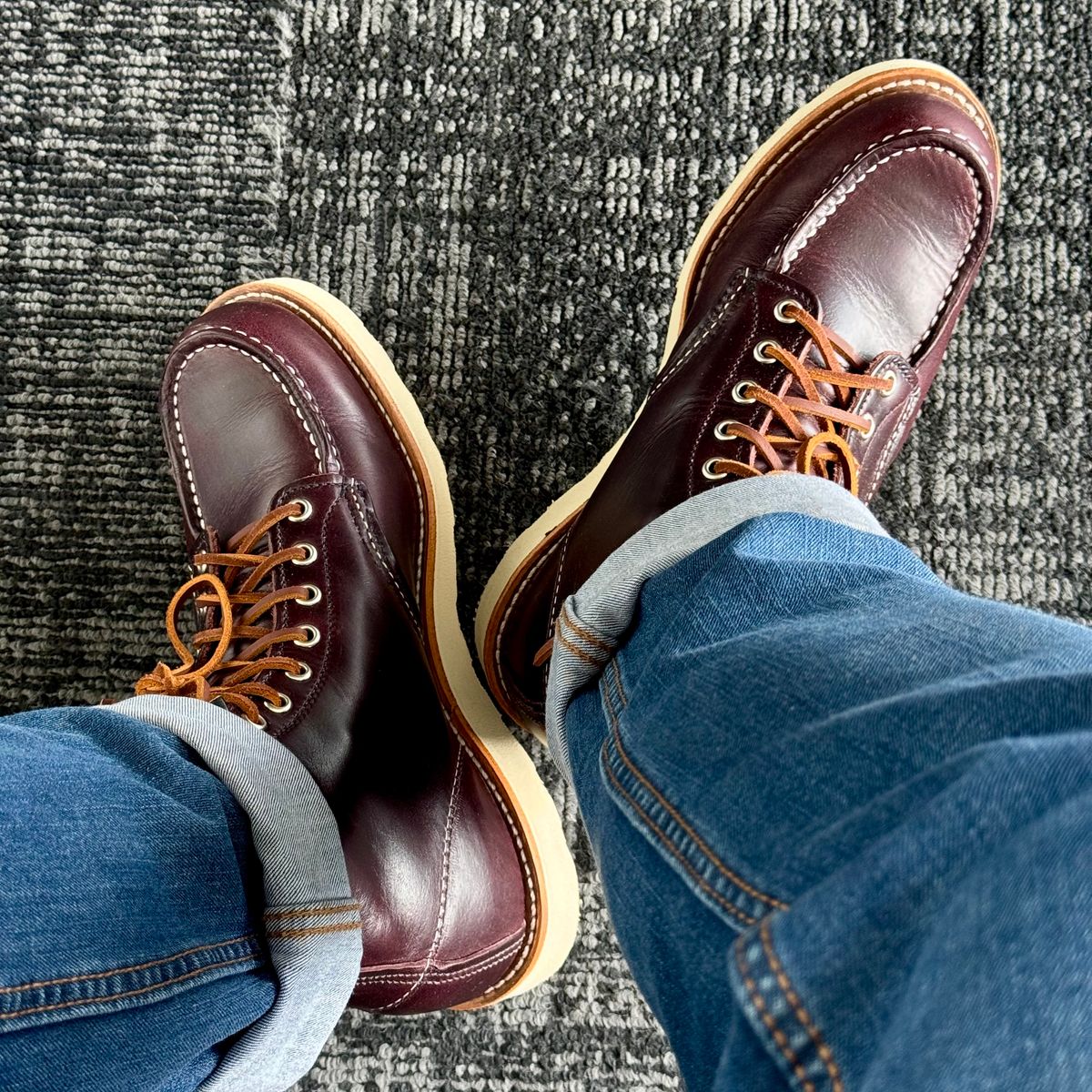 Photo by stinkypatina on May 22, 2026 of the Red Wing 6-Inch Classic Moc in S.B. Foot Black Cherry Excalibur.