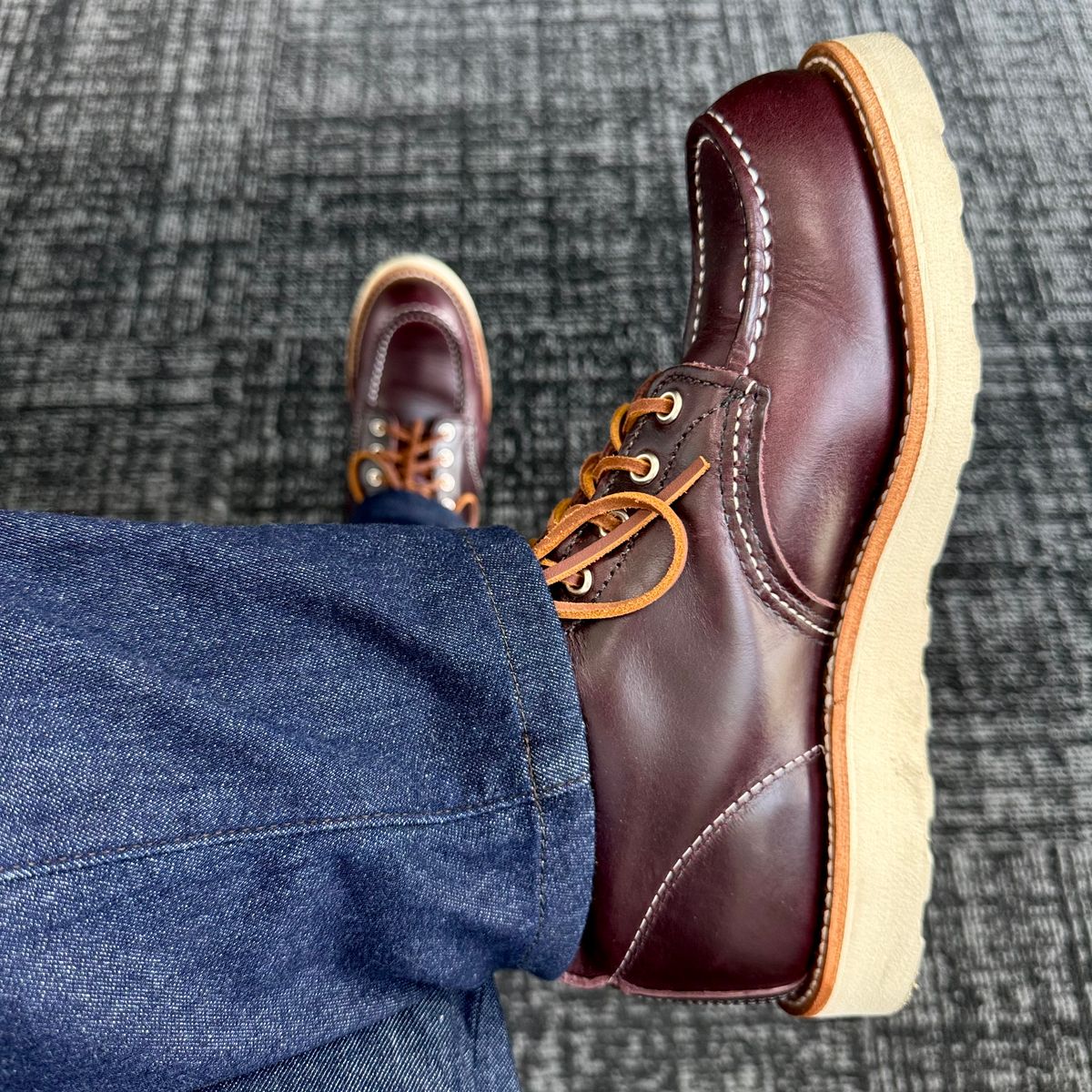 Photo by stinkypatina on June 9, 2026 of the Red Wing 6-Inch Classic Moc in S.B. Foot Black Cherry Excalibur.