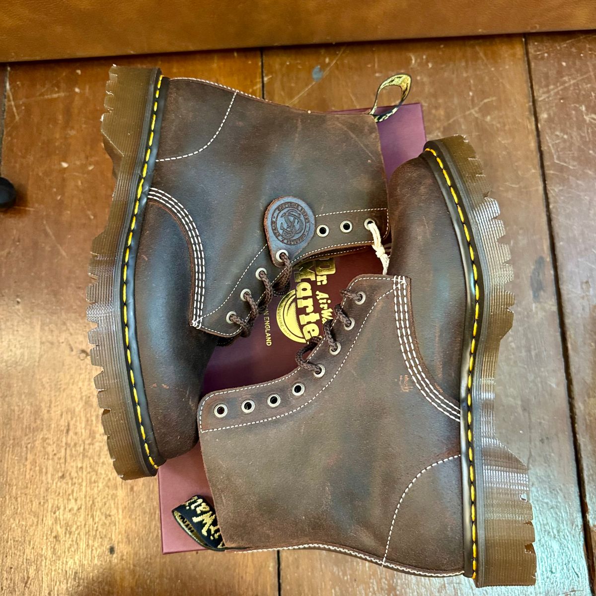 Photo by stinkypatina on March 19, 2026 of the Dr. Martens 1460 Pascal Made In England in C.F. Stead Rustic Brown Wax Commander.