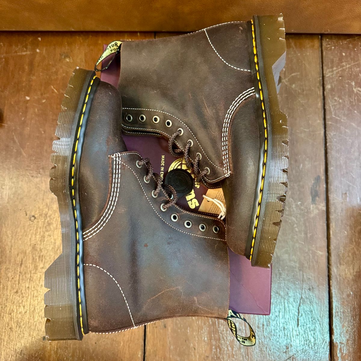 Photo by stinkypatina on March 19, 2026 of the Dr. Martens 1460 Pascal Made In England in C.F. Stead Rustic Brown Wax Commander.
