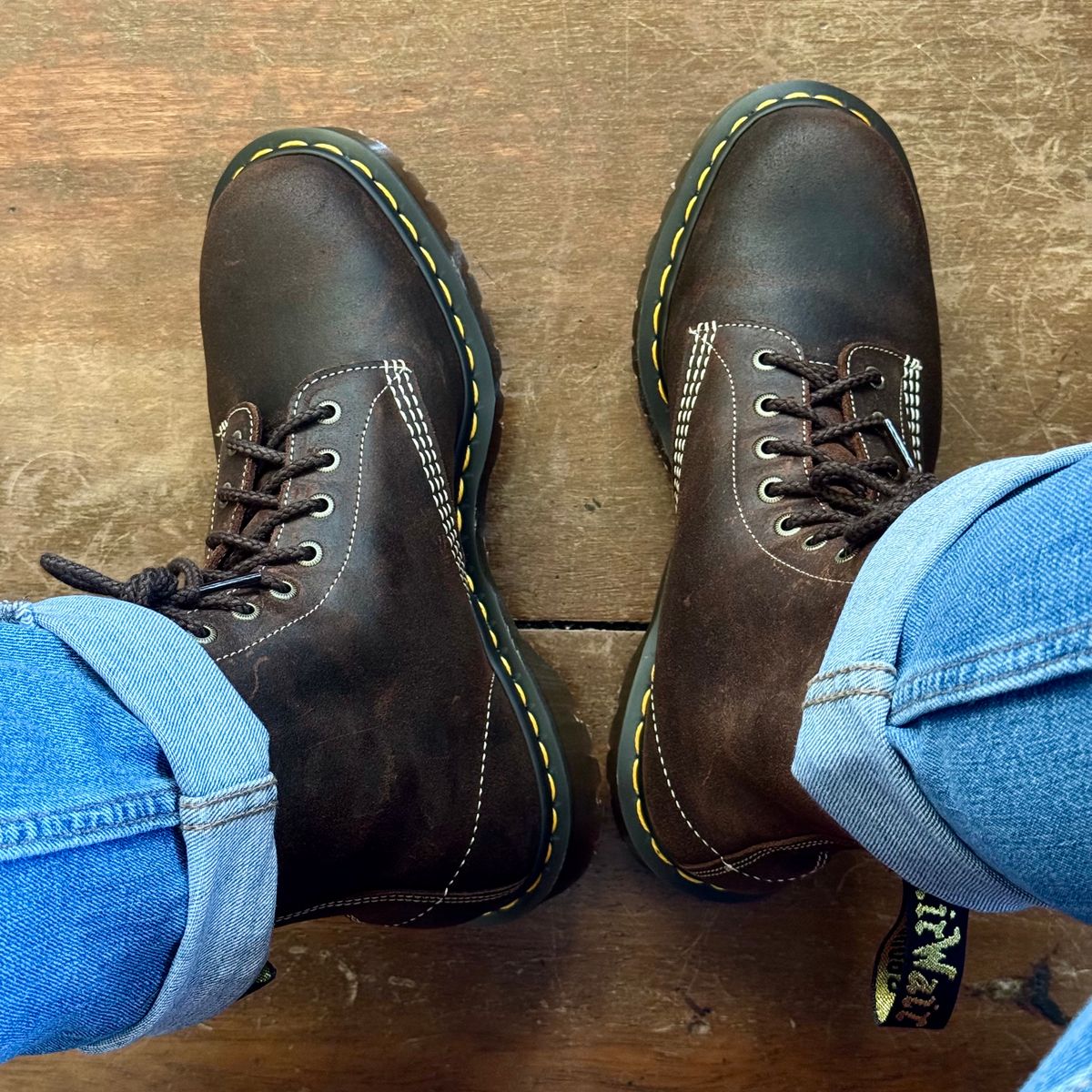 Photo by stinkypatina on March 21, 2026 of the Dr. Martens 1460 Pascal Made In England in C.F. Stead Rustic Brown Wax Commander.