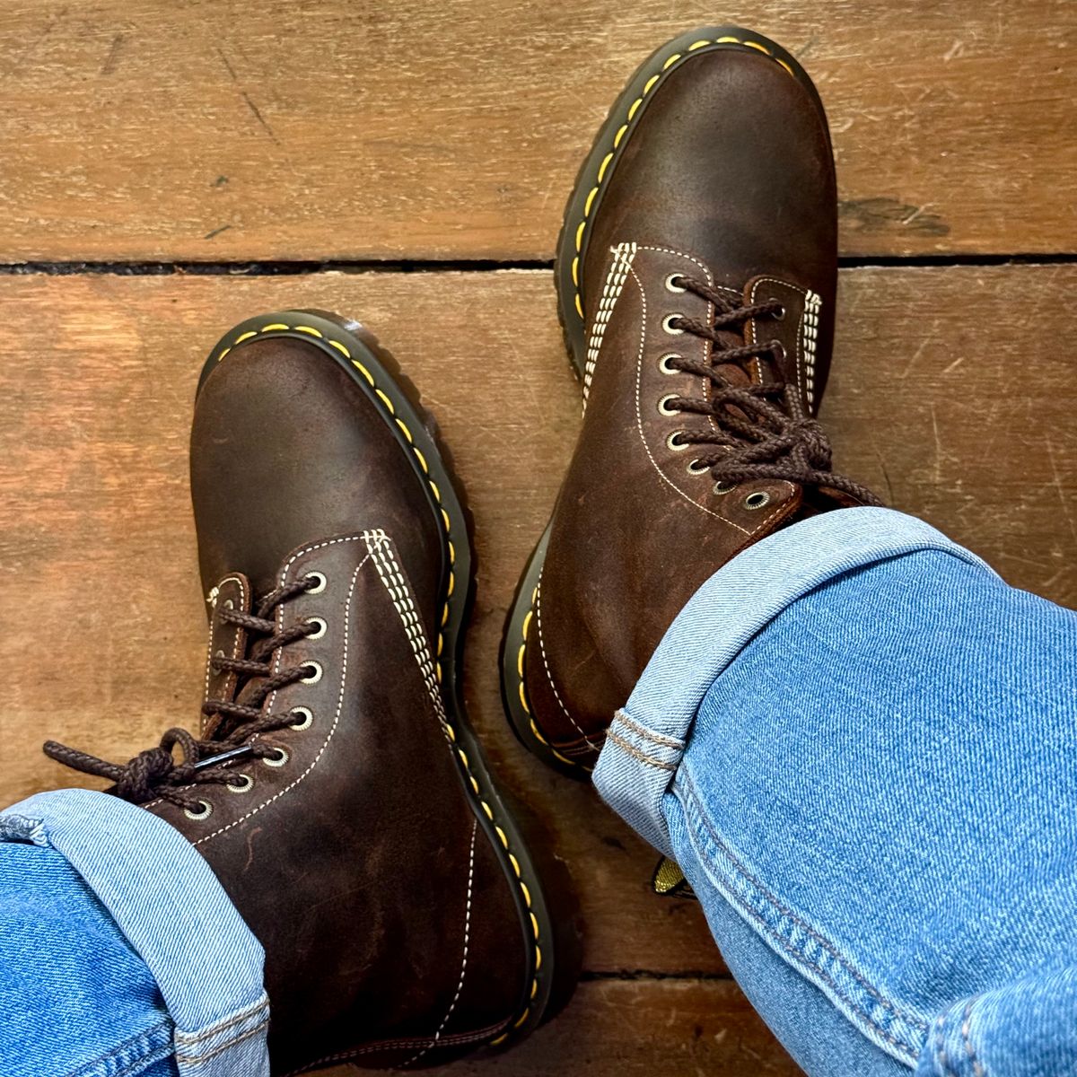 Photo by stinkypatina on March 21, 2026 of the Dr. Martens 1460 Pascal Made In England in C.F. Stead Rustic Brown Wax Commander.