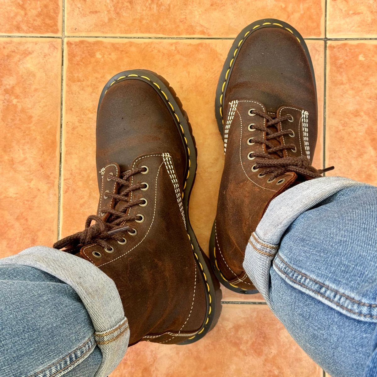 Photo by stinkypatina on March 21, 2026 of the Dr. Martens 1460 Pascal Made In England in C.F. Stead Rustic Brown Wax Commander.