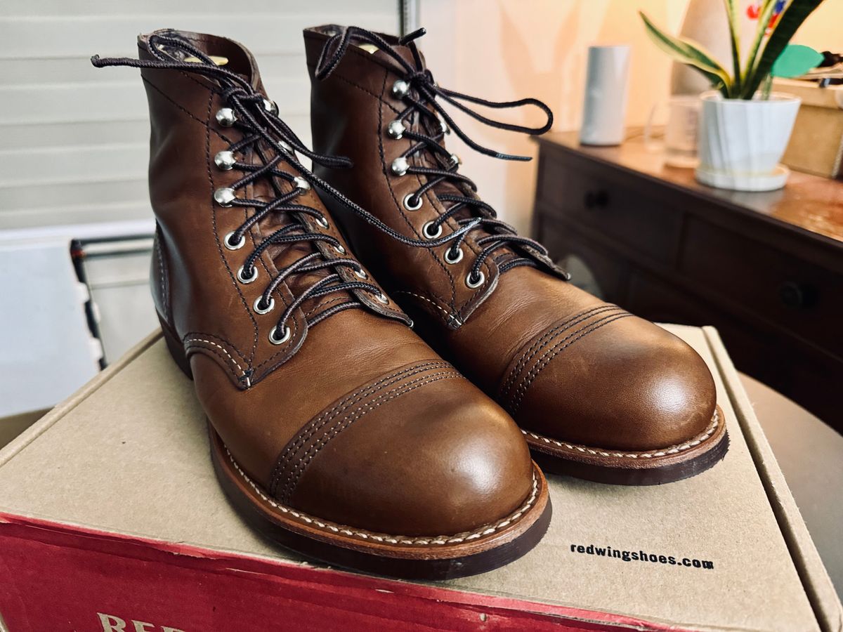 Photo by stinkypatina on June 24, 2024 of the Red Wing Iron Ranger in S.B. Foot Amber Harness.