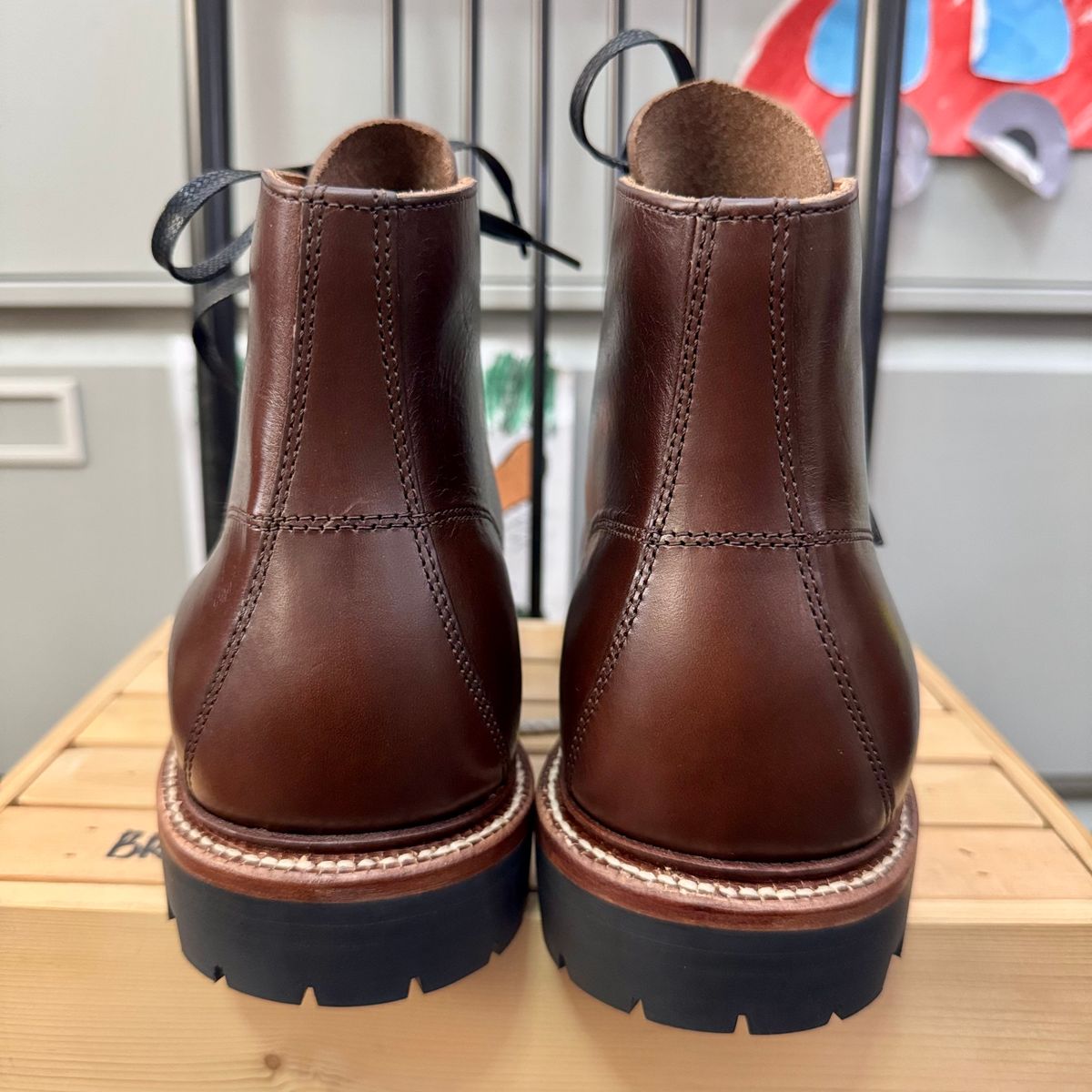 Photo by stinkypatina on October 1, 2025 of the Grant Stone Brass Boot in Horween Crimson Chromexcel.