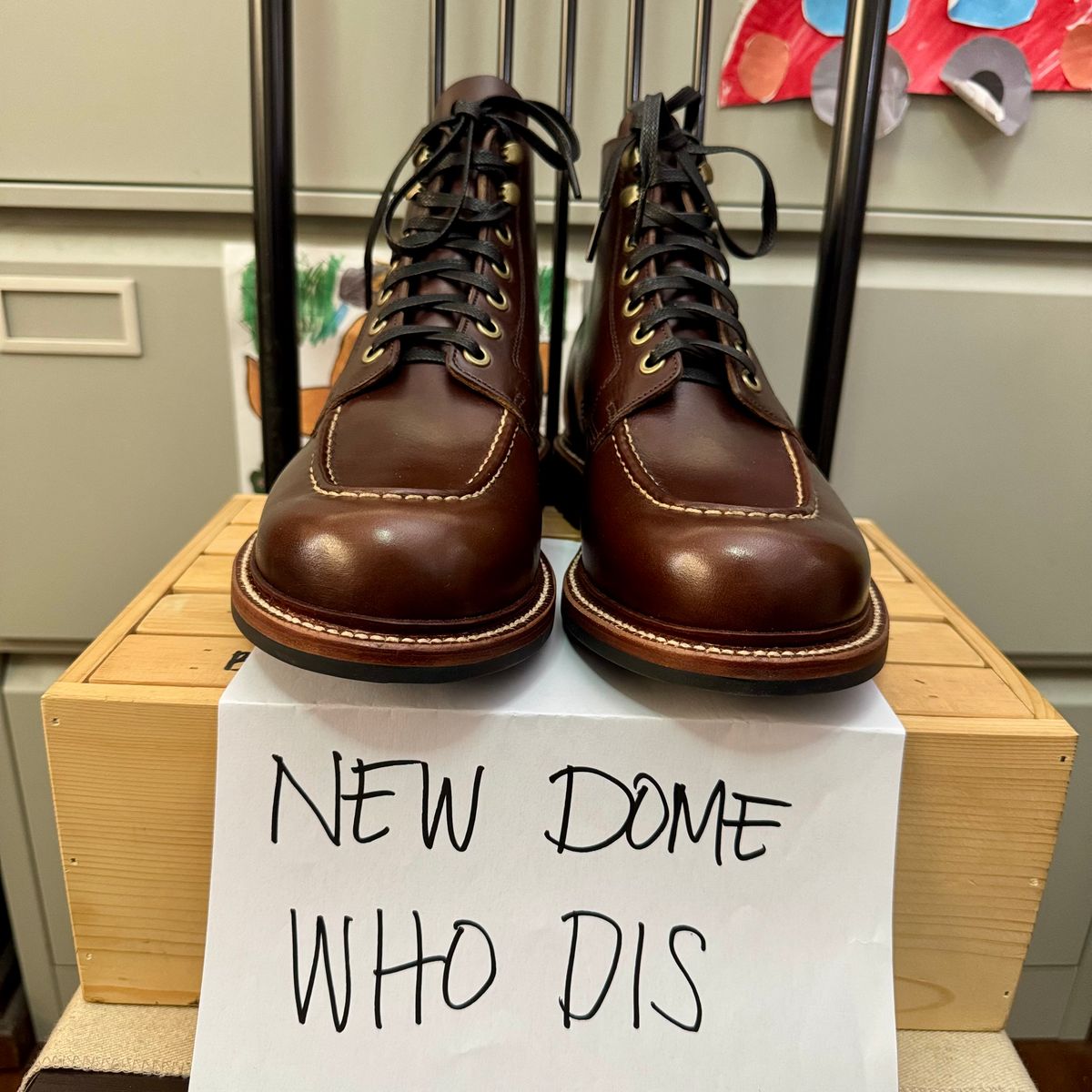 Photo by stinkypatina on October 1, 2025 of the Grant Stone Brass Boot in Horween Crimson Chromexcel.