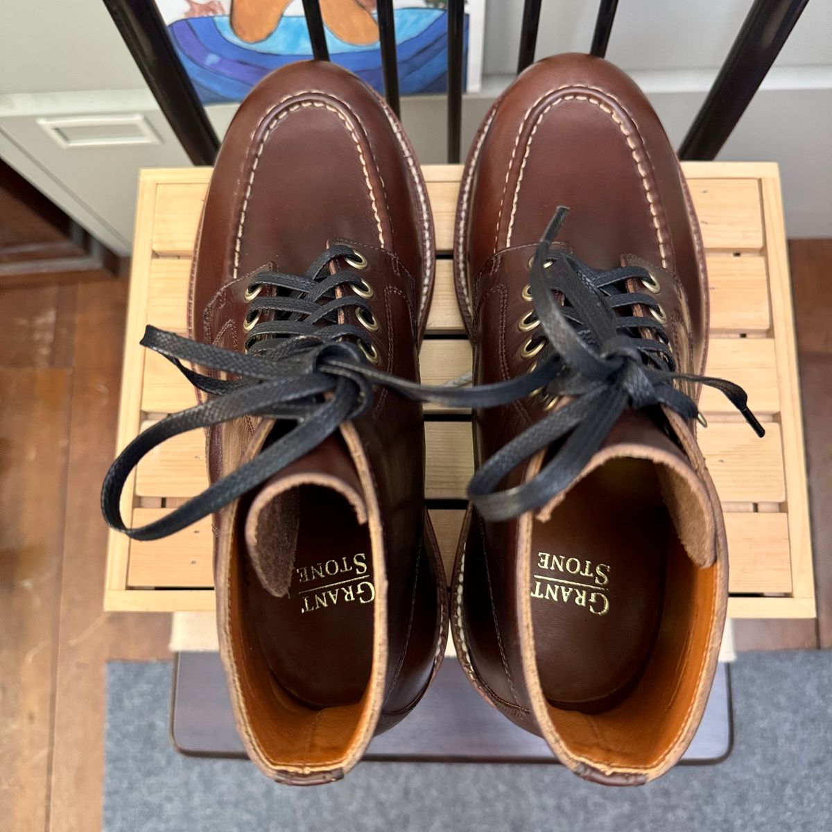 Photo by stinkypatina on October 1, 2025 of the Grant Stone Brass Boot in Horween Crimson Chromexcel.