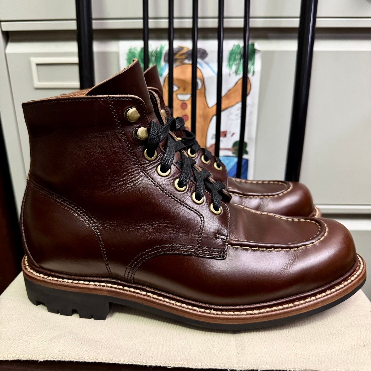Photo by stinkypatina on October 12, 2025 of the Grant Stone Brass Boot in Horween Crimson Chromexcel.